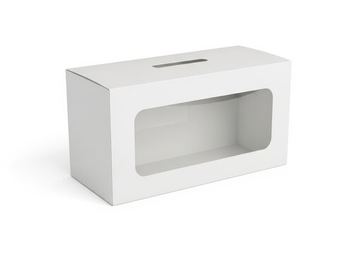 A white rectangular cardboard box with a large cut-out window on the front side.