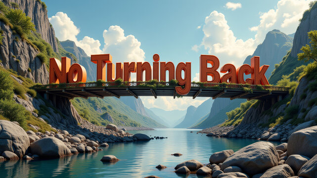 Weathered no turning back sign beside scenic river landscape symbolizing irreversible decisions emotional journeys and cinematic life transition themes