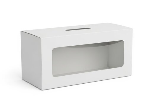 A white rectangular cardboard box with a clear plastic window on the front