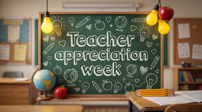 A classroom setup celebrating Teacher Appreciation Week with a chalkboard