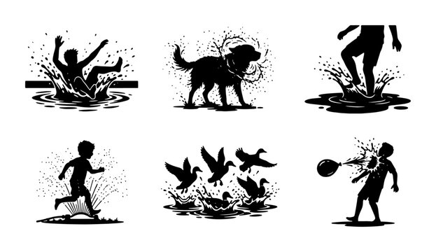 Summer Splash Vector Icons: Children Playing, Dog, Ducks, Water Fun, Silhouette Set