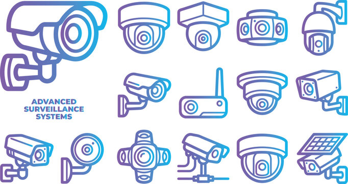Advanced surveillance systems camera icons for security monitoring.