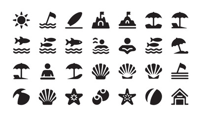 Beach accessories and seashells icons set for summer travel and ocean theme illustration. © Md