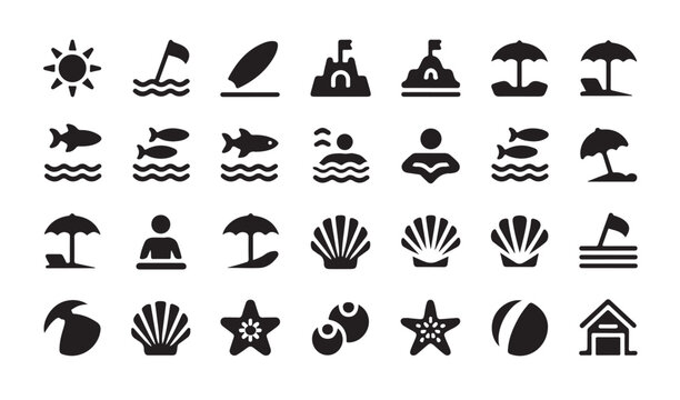 Beach accessories and seashells icons set for summer travel and ocean theme illustration.
