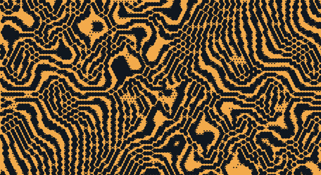 Abstract retro orange circuit maze pattern. pixelated organic pathways, 8-bit digital tech lines, dark black backdrop. for cyberpunk game ui backgrounds, hacker coding banners. vector eps.