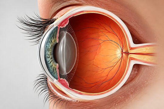 Cross section of human eye anatomy medical illustration, 3d rendered detailed structure of eyeball showing cornea, iris, lens, retina and optic nerve for education and healthcare concept.