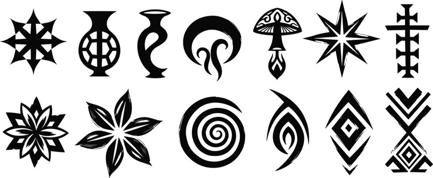 Black Tribal Symbols Set with Geometric and Abstract Shapes, Mandala, Floral, and Spiritual Icon Designs for Tattoos, Artwork, and Creative Projects
