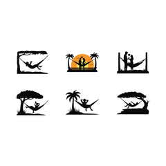 Obraz premium Relaxing hammock silhouette vector collection showing tropical island life and beach art.