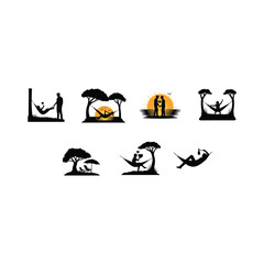Obraz premium Set of hammock silhouette vector illustrations featuring romantic sunset and relax scene.