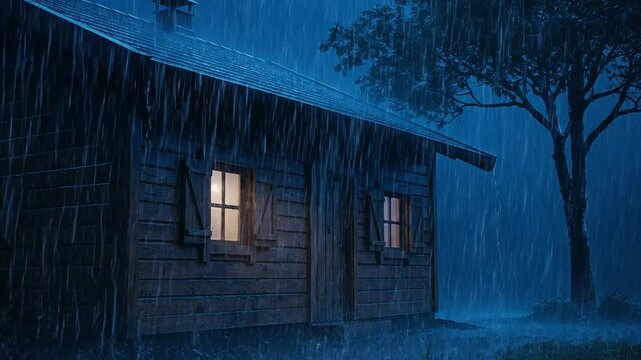 Heavy Rain Falling on a Rustic Wooden Cabin at Night with Warm Light Inside.