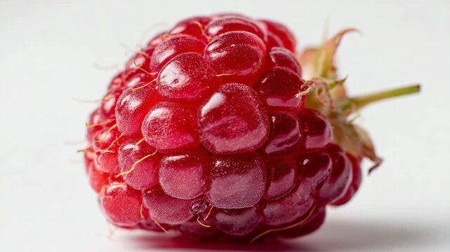 Single red raspberry on white background