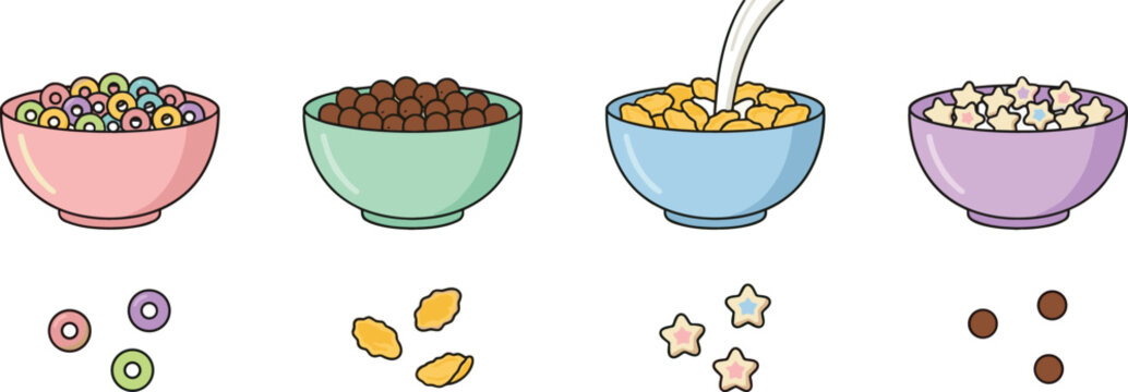Colorful breakfast cereal bowls collection with crunchy grains and milk cartoon vector illustration isolated on background