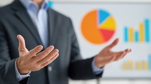 Businessperson in suit making hand gestures while presenting colorful pie chart and bar graph on whiteboard during meeting or seminar