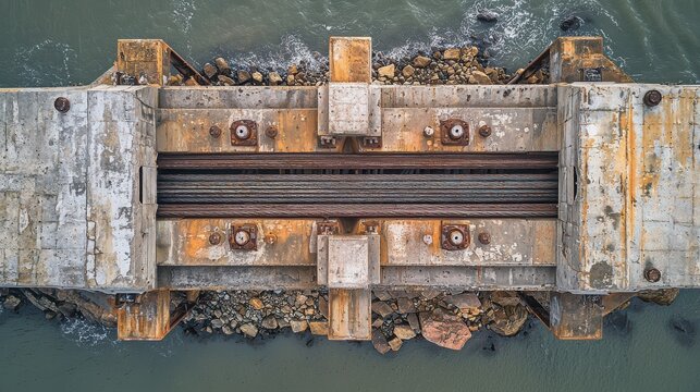 Historic American bridge cable anchorage aerial view showing weathered concrete foundation with steel cable terminations and rusted hardware details