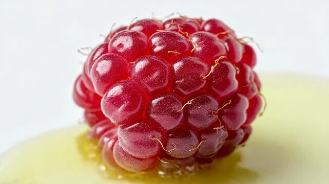Yellow syrup pouring around a fresh raspberry