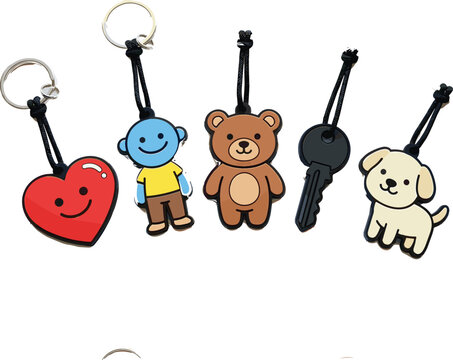 Cute Cartoon Keychain Character Collection Vector Illustration Featuring Heart Bear Dog Doll and Key in Hand Drawn Style