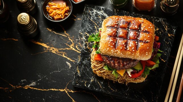 Gourmet ramen burger with sesame glazed bun beef patty fresh vegetables instant noodles black marble surface premium restaurant food styling photography