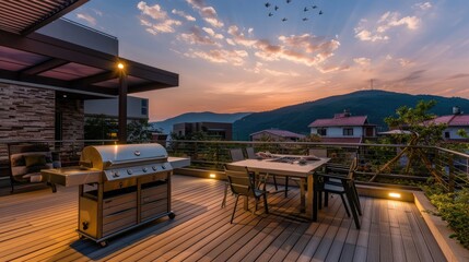 Fototapeta premium Sunset Grill and Dining on a Mountaintop Deck