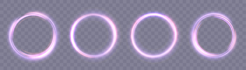Vector glowing pink and purple ring outlines on a transparent background. Soft neon circle effects for magical portals and glowing frames. © MAKSYM