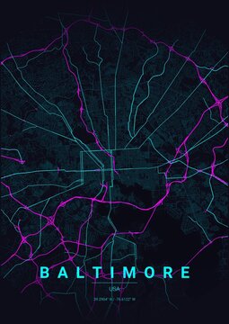Modern Baltimore City Map Poster Design, Neon Cyberpunk Style Urban Street Grid Cartography