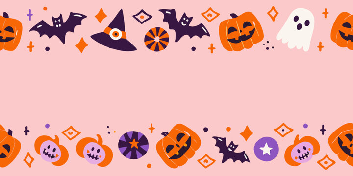 halloween pattern with pumpkins bats and witch hat on pink background