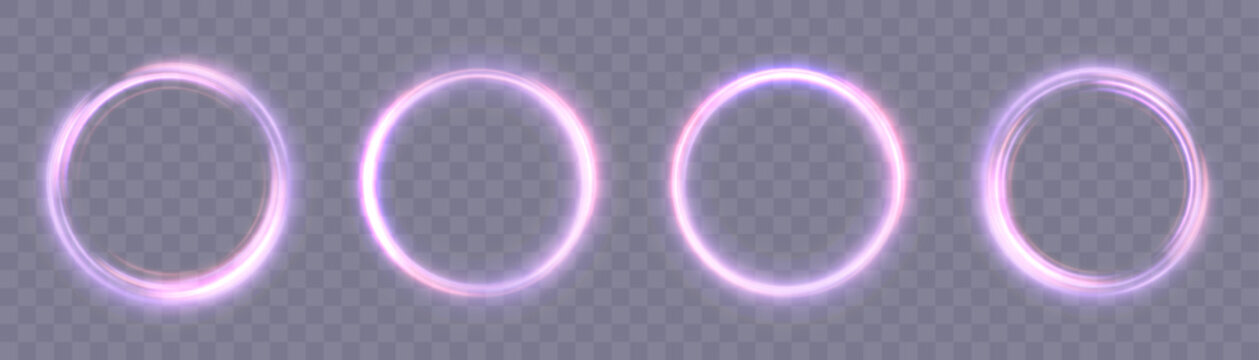 Vector glowing pink and purple ring outlines on a transparent background. Soft neon circle effects for magical portals and glowing frames.