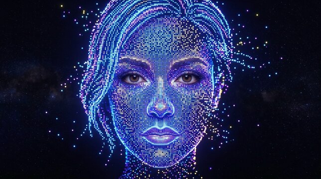 Pointillism portrait of a digital entity formed by glowing data particles against a cosmic starfield representing artificial intelligence genesis