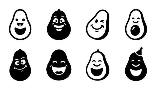 Cute Avocado Characters, Set of 8 Vector Icons with Happy Faces, Food Emotions, Healthy Eating Graphics, Black and White Cartoon Avocados