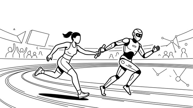 A line art illustration showing a human athlete passing a relay baton to a robot runner on a track.