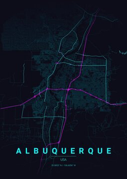 Modern Albuquerque City Map Poster Design, Neon Cyberpunk Style Urban Street Grid Cartography