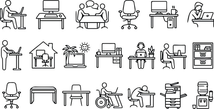 Outline Office Workspace Icon Set Desk Chair Computer Remote Work Home Meeting Wheelchair Printer Water Cooler Vector Line Collection Isolated White Background Design
