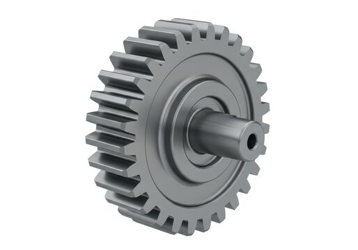 Close-up view of a gray plastic spur gear with a central shaft