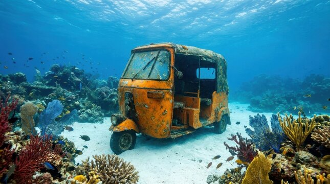 Submerged bright orange Bajaj auto-rickshaw resting on a sandy ocean floor next to a vibrant tropical coral reef with small fish and sunlight filtering through clear blue water.