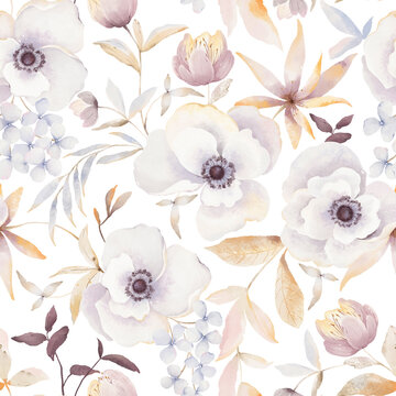 Watercolor floral abstract pattern with white anemones, blue hydrangea, colorful foliage and abstract plants. Delicate isolated composition for home textile, background or fabric.