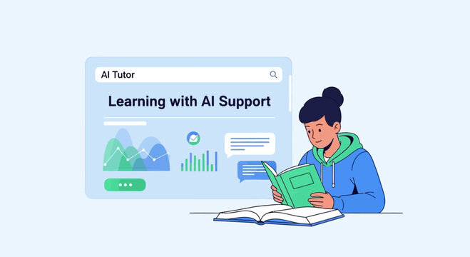 A young student learning with artificial intelligence support using a digital tutor interface.
