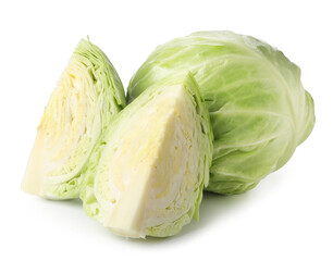 Fototapeta premium Whole and cut fresh cabbages isolated on white