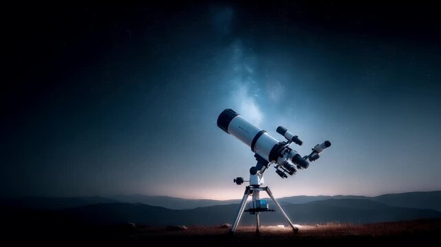 Space universe exploration, fantasy, mysterious. A nighttime landscape photograph depicts a telescope positioned on a tripod atop a hill. The telescope.