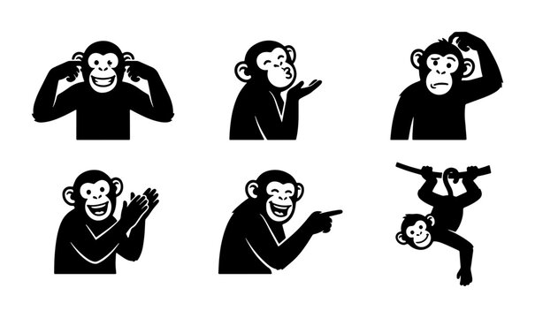 Monkey Emote Icons, Primate Expression Set, Chimpanzee Gestures Collection, Playful Animal Silhouettes for Digital Content