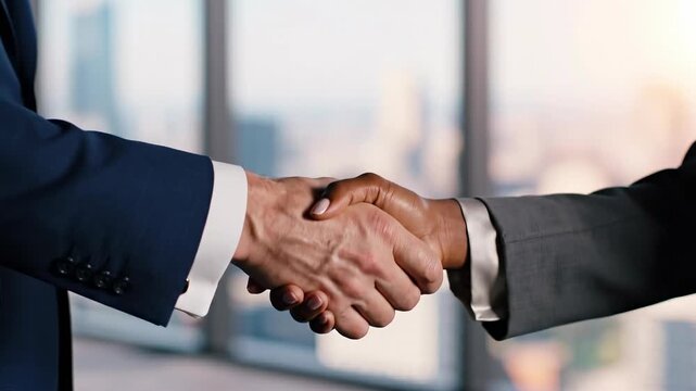 Business handshake in corporate office setting demonstrating partnership and trust
