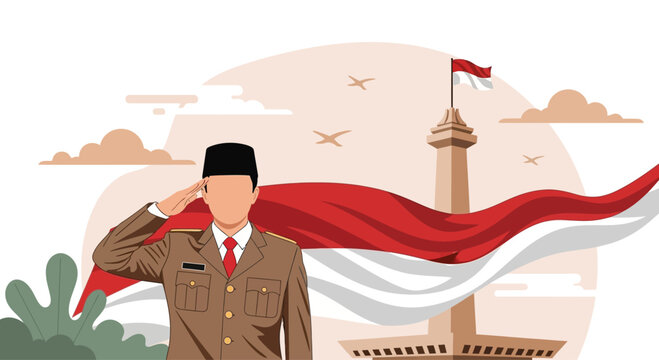 Indonesian official saluting with traditional songkok and uniform.