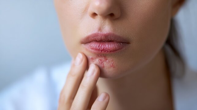 High-Resolution Medical Illustration of Herpes Simplex Virus Infection Showing Cold Sore Outbreak, Viral Skin Disease, Dermatology Healthcare Concept and Microscopic HSV Particles