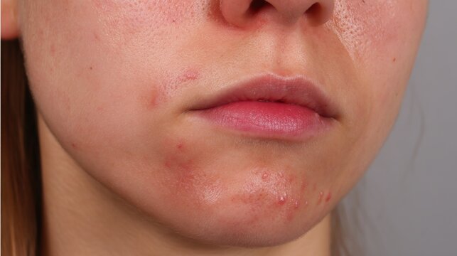 High-Resolution Medical Illustration of Herpes Simplex Virus Infection Showing Cold Sore Outbreak, Viral Skin Disease, Dermatology Healthcare Concept and Microscopic HSV Particles