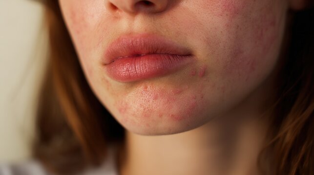 High-Resolution Medical Illustration of Herpes Simplex Virus Infection Showing Cold Sore Outbreak, Viral Skin Disease, Dermatology Healthcare Concept and Microscopic HSV Particles