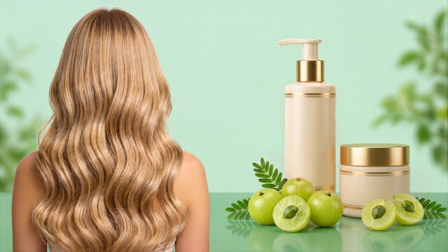 Amla shampoo and hair mask banner with glossy blonde hair and Indian gooseberry. For hair repair ads, salon branding, beauty websites and natural product promotion.
