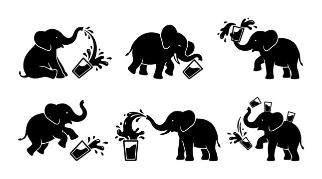 Playful Elephant Icons, Animal Silhouette Set, Cute Baby Elephant Illustrations, Splash and Spill Graphics, Vector Art Collection