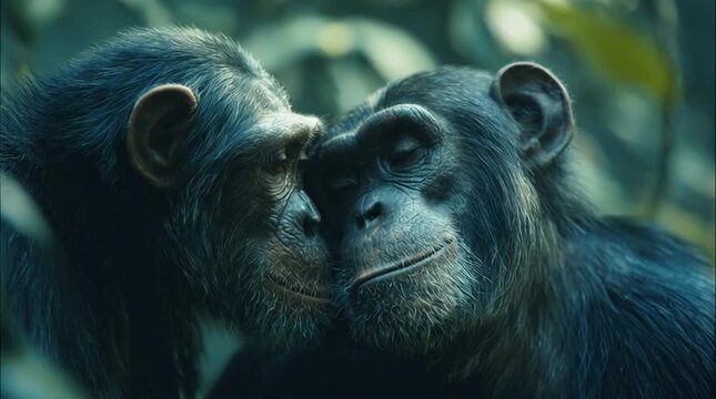Close-up of chimpanzees grooming each other in lush natural forest habitat, soft filtered sunlight through canopy, intimate and candid documentary moment, realistic wildlife photography.