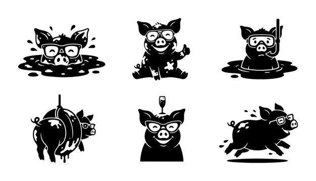 Playful Pig Icons Set: Mud Bath, Diving, Running, and Fun Activities, Vector Graphics for Whimsical Designs