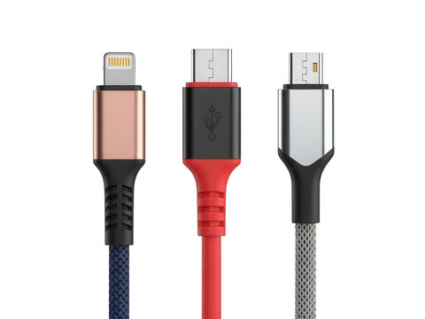 Three different colored usb charging cables with various connectors isolated on transparent background