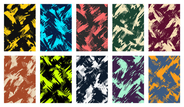 Dynamic diagonal brush stroke vector backgrounds in 10 vibrant color palettes. Grunge abstract patterns perfect for sports, esports, gaming graphics, posters, and high-energy digital designs.,