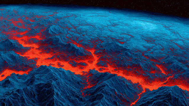 Abstract 3D landscape with flowing blue terrain and orange energy streams. Futuristic digital background for technology design, sci-fi graphics, data visualization, gaming, and modern compositions.